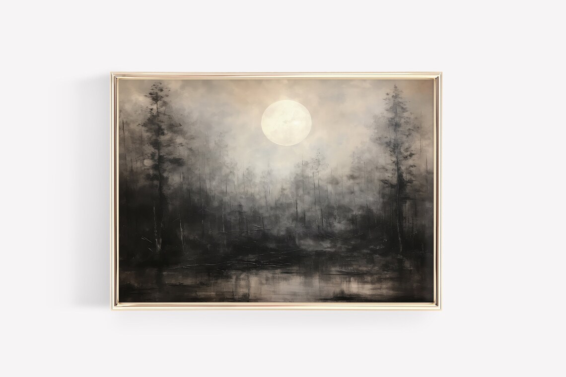 Muted Full Moon Over Misty Gray Forest Moody Halloween Poster - Image 2