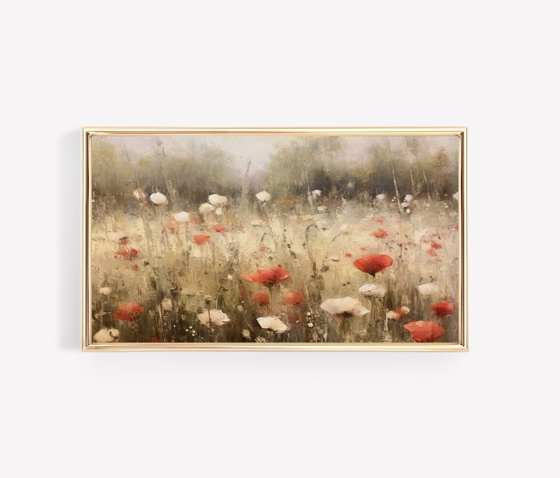 Red Poppy Wildflower Meadow Impressionist Oil Painting Wall Art - Image 3