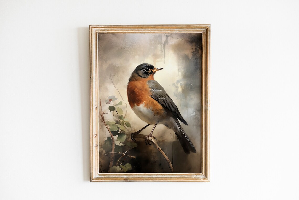 Vintage American Robin Oil Painting Moody Bird Portrait Art Print - Image 2