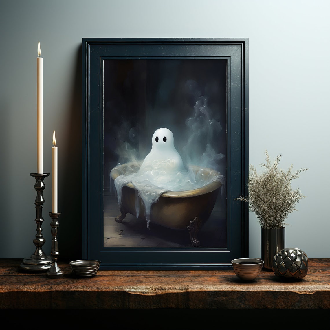 Cute Ghost Taking a Bubble Bath in Vintage Tub Halloween Poster - Image 2