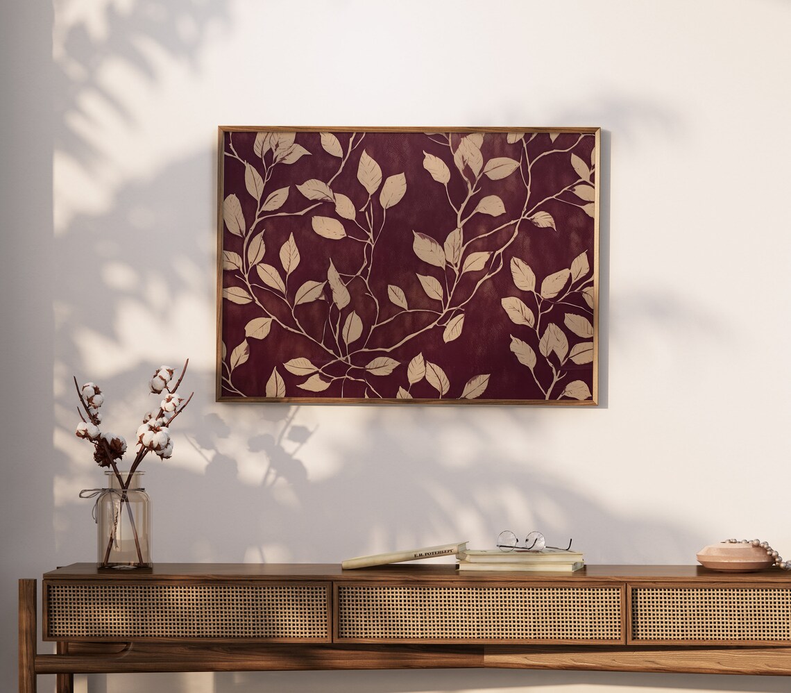 Burgundy Botanical Leaves Batik Style Moody Farmhouse Art Print - Image 2
