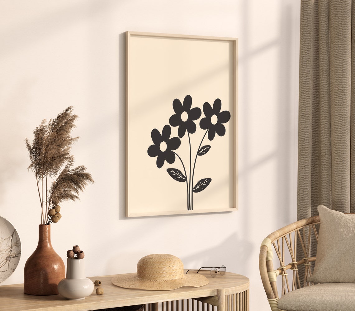 Three Black Daisies On Cream Minimalist Floral Silhouette Poster - Image 4