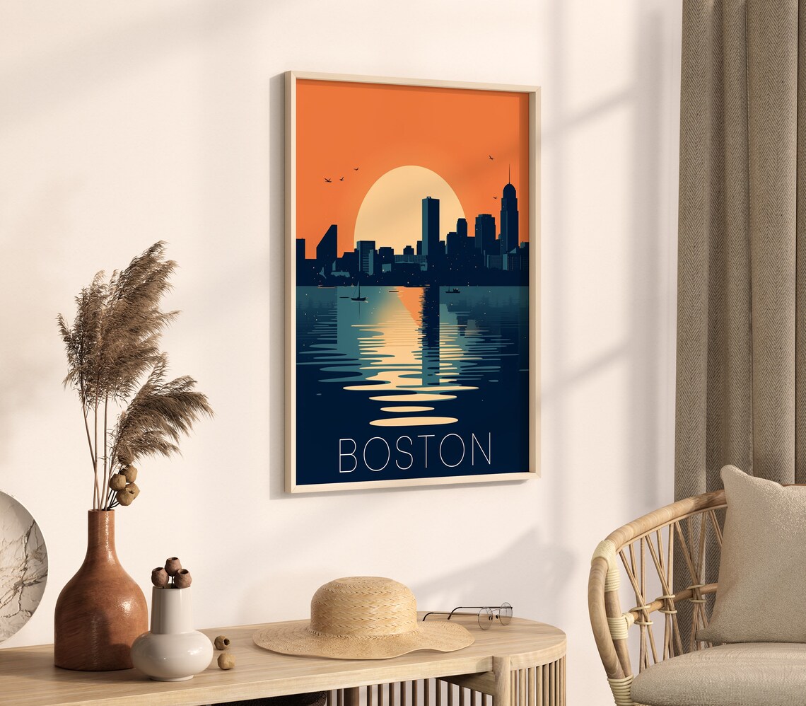 Boston Massachusetts Retro Sunset Skyline Harbor Travel Poster - Image 4