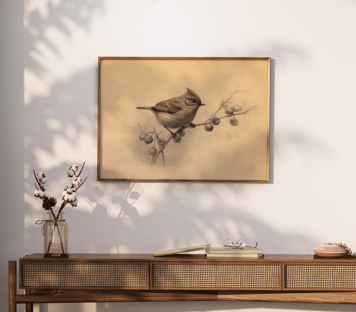 Charming Vintage Songbird Berry Branch Sketch Antique Bird Art Print - Image 3