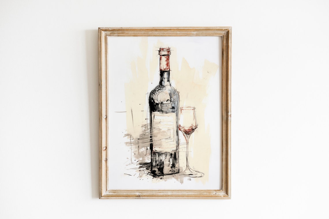 Wine Bottle Glass Ink Sketch Still Life Drawing Kitchen Wall Art - Image 2