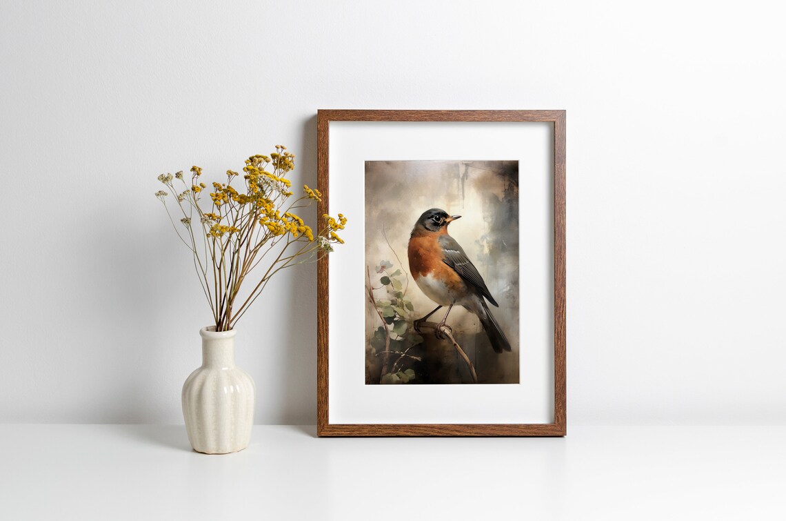 Vintage American Robin Oil Painting Moody Bird Portrait Art Print - Image 3