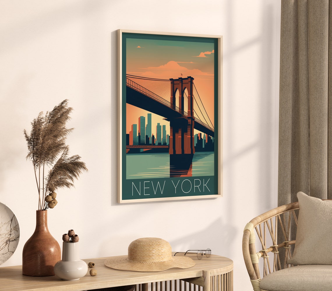 New York City Brooklyn Bridge Retro Sunset Skyline Travel Poster - Image 4
