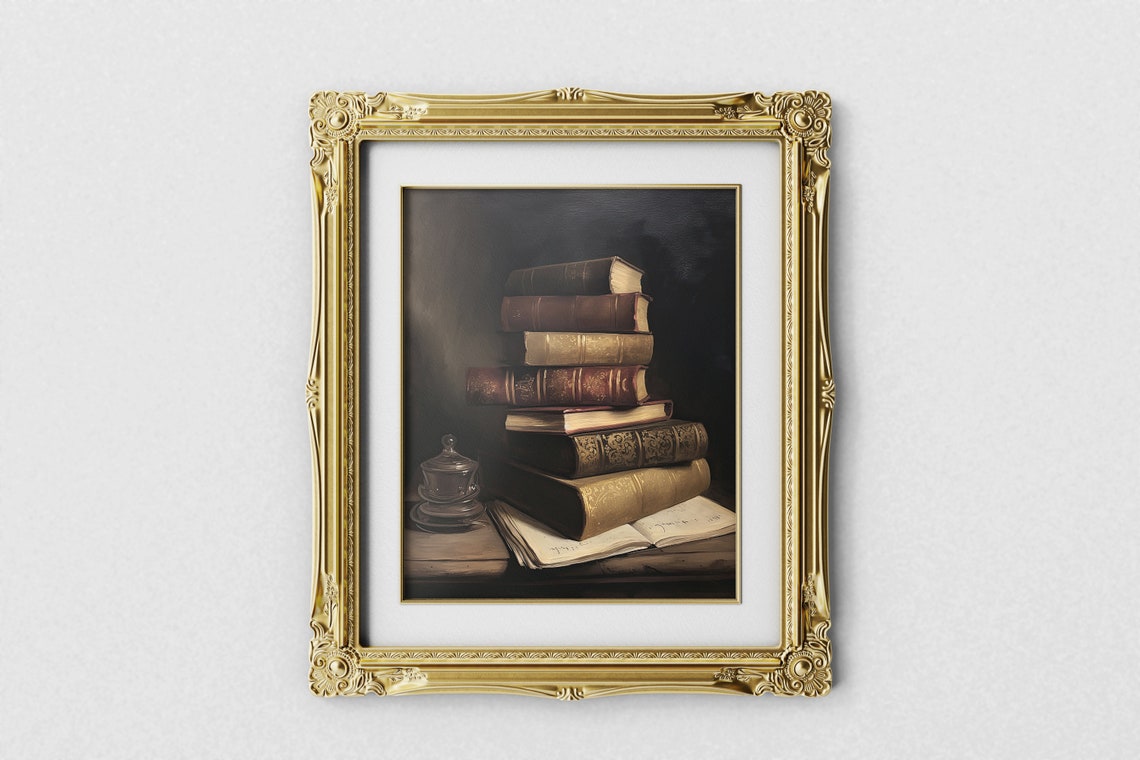 Antique Books Stack Dark Moody Vintage Library Oil Painting Poster - Image 3
