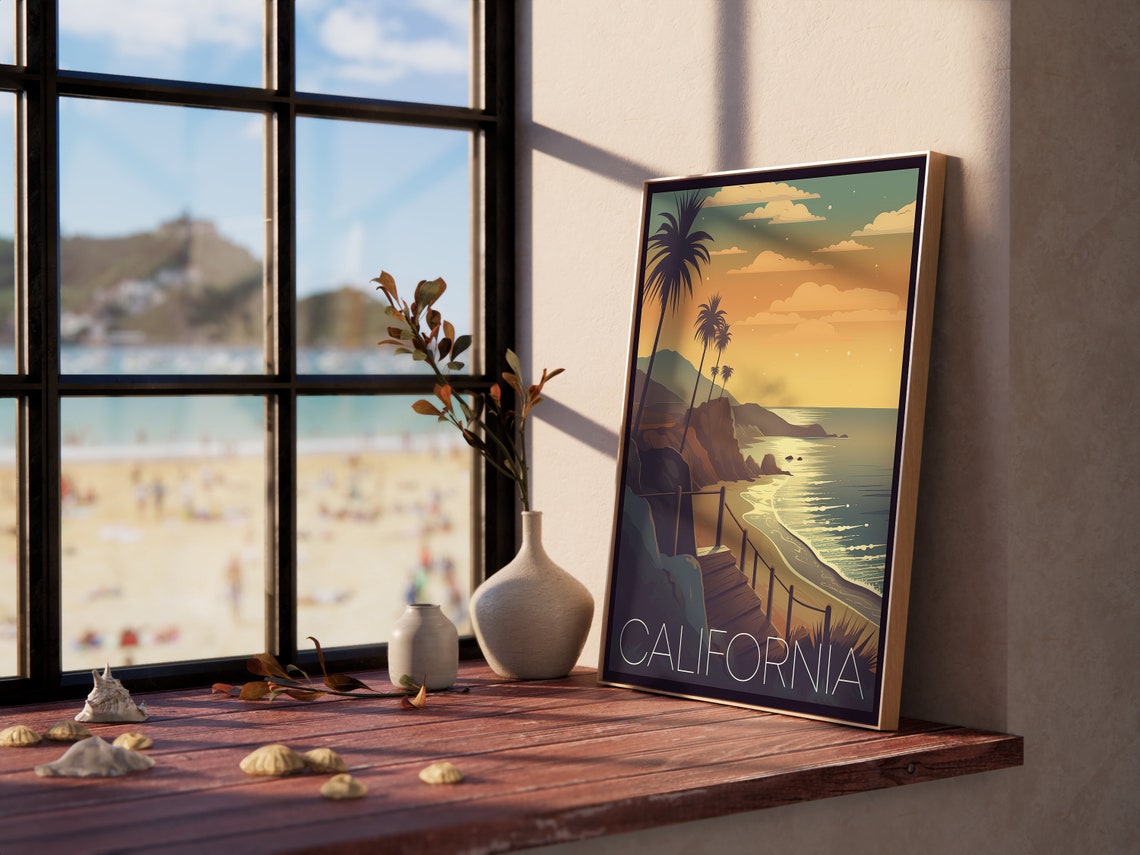California Coast Retro Sunset Cliffs Palms Beach Travel Poster - Image 3