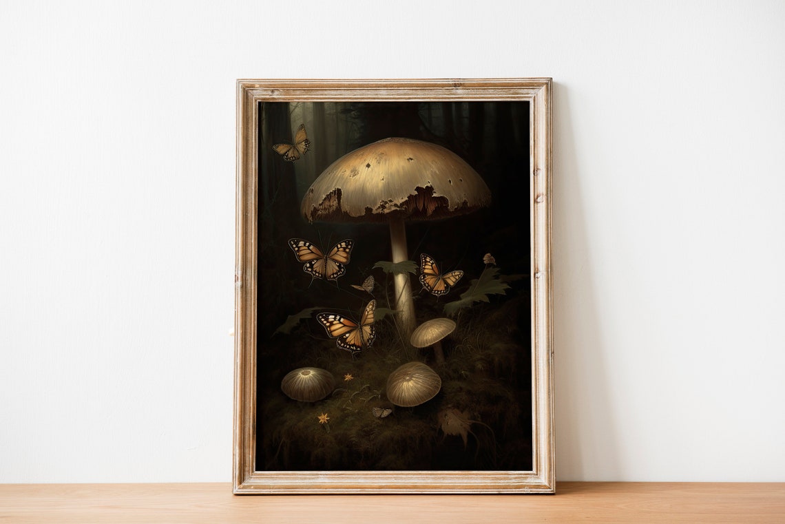 Giant Mushroom Monarch Butterflies Dark Forest Painting Poster - Image 2