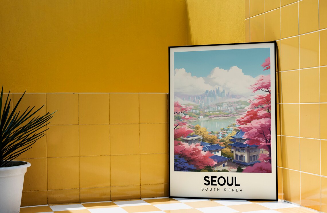 Seoul South Korea Spring Cherry Blossom Temple Lake Travel Poster - Image 3