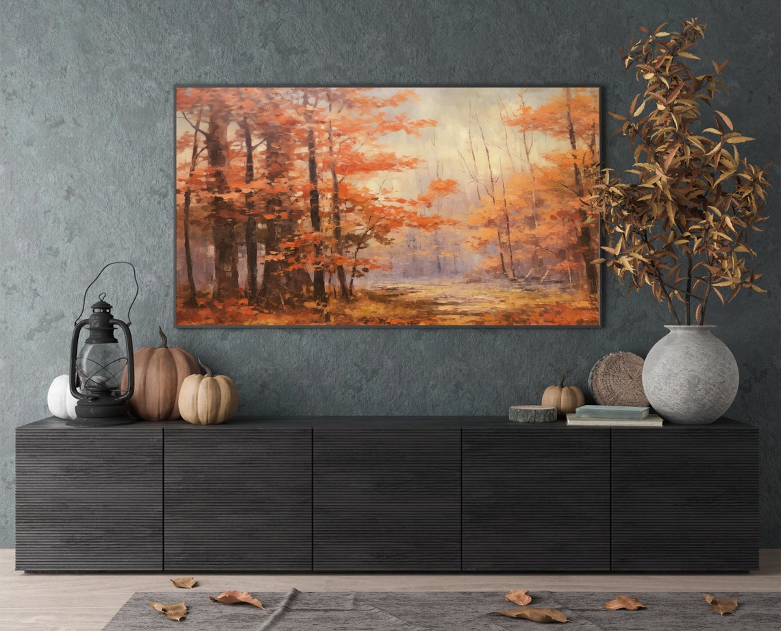 Moody Crimson Fall Forest in Mist Impressionist Autumn Poster - Image 2
