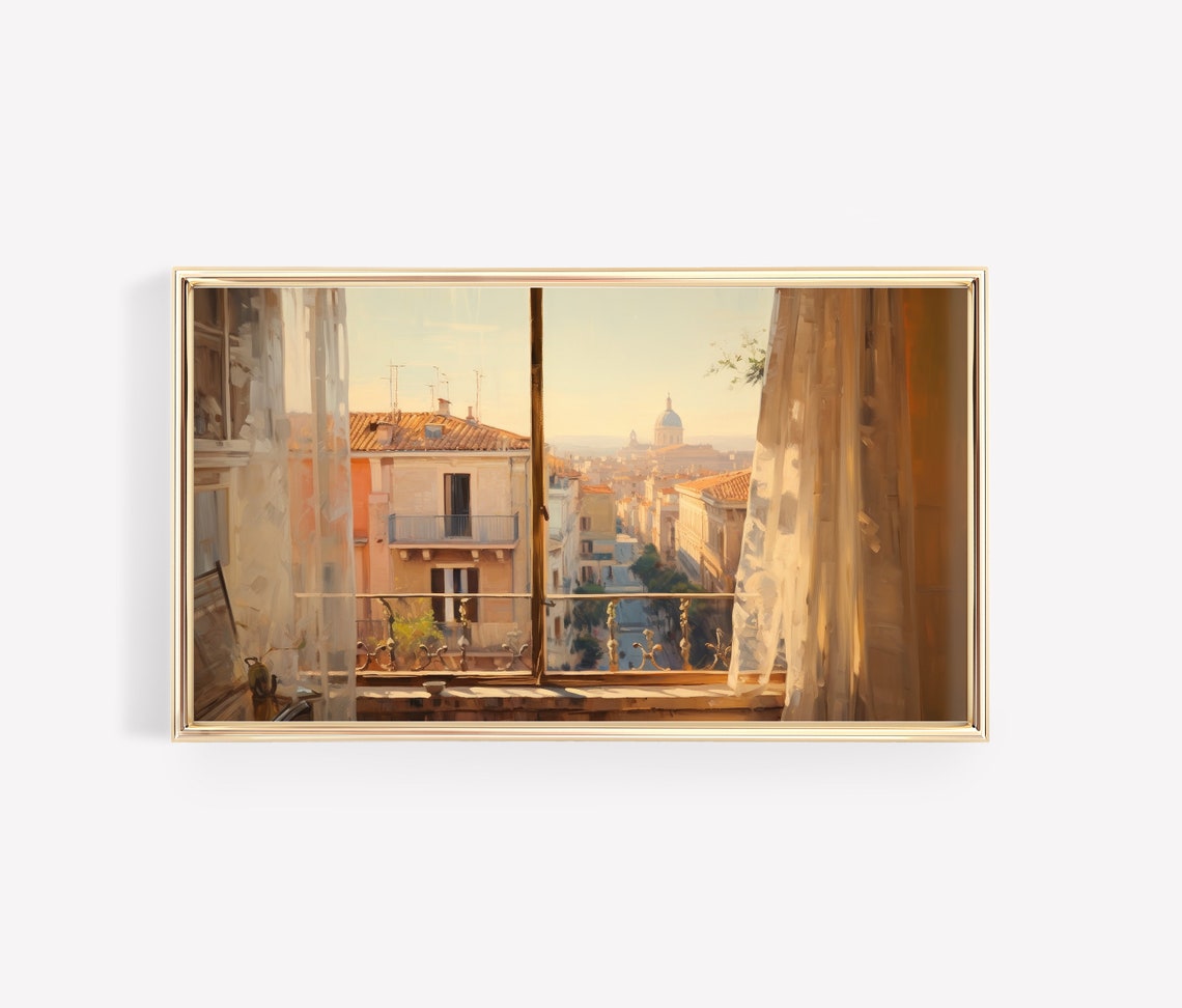 Rome Rooftops Through Balcony Window Sheer Curtains Morning Poster - Image 3
