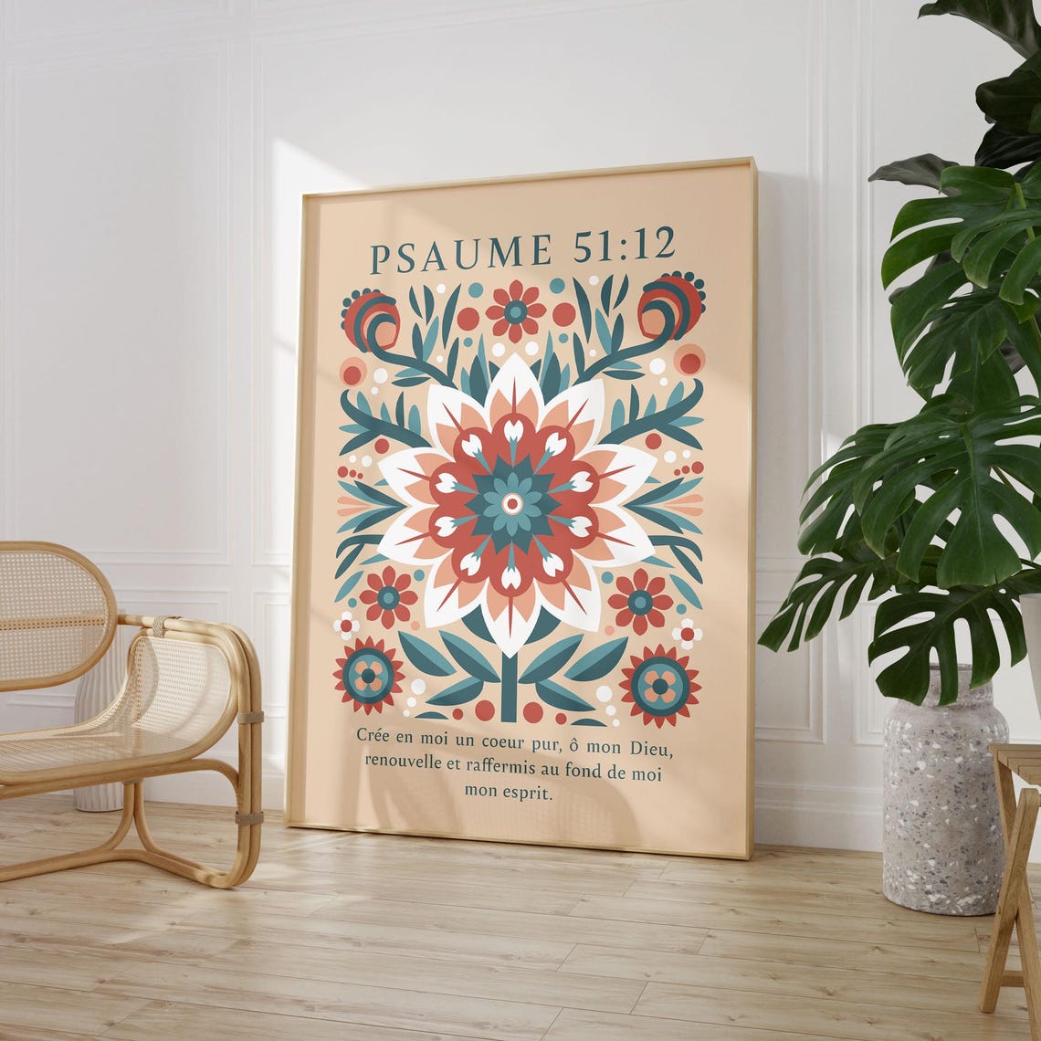 Psaume 51 12 French Psalm Folk Floral Christian Scripture Art Poster - Image 2
