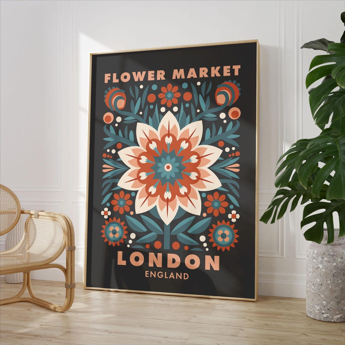 London Flower Market Print Folk Illustration Dark Aesthetic Wall Art Daisy Illustration England Flower Market London Vintage Poster - Image 2