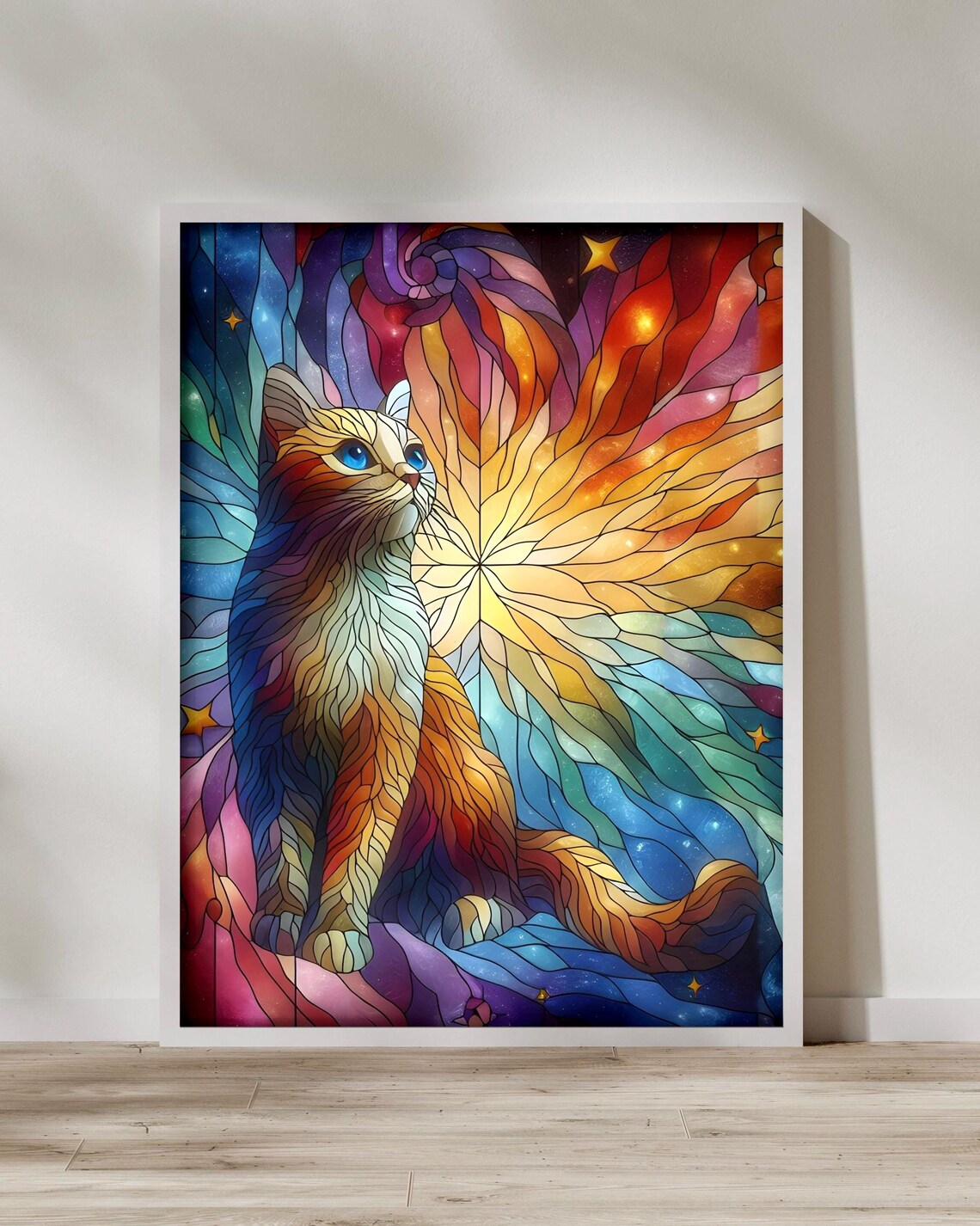 Stained Glass Cat Poster Vibrant Rainbow Feline Artwork Colorful