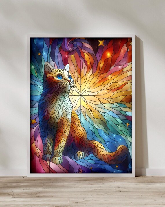Stained Glass Cat Poster Vibrant Rainbow Feline Artwork Colorful