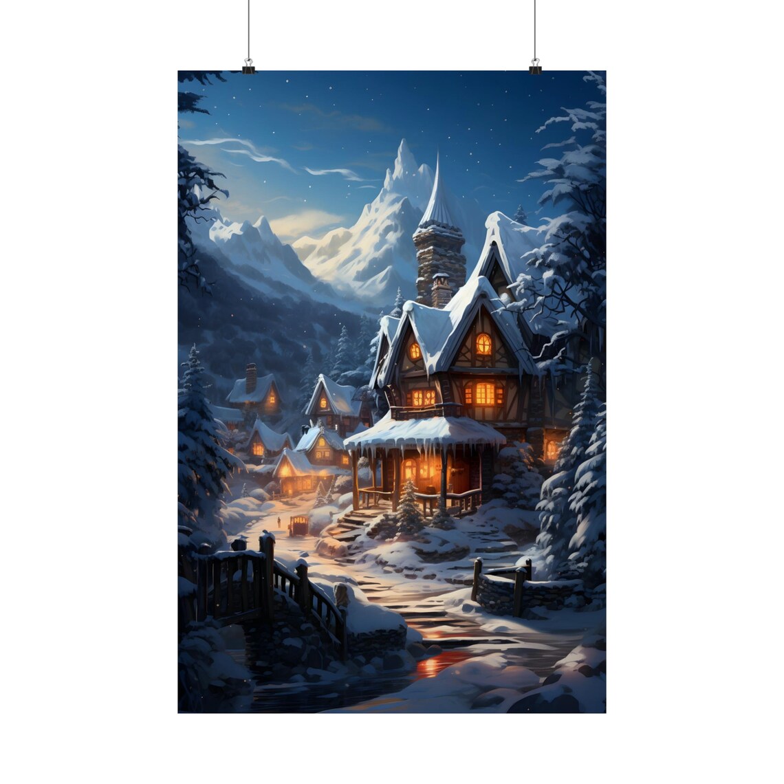Cozy Christmas Village at Night with Glowing Windows Snow Art Poster