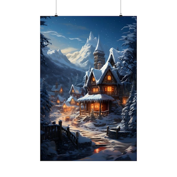 Cozy Christmas Village at Night with Glowing Windows Snow Art Poster
