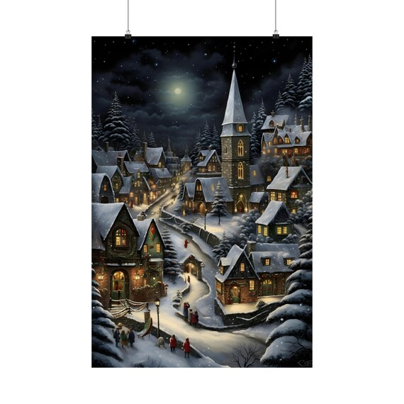 Snowy Christmas Village Night Moonlit Church Winter Town Poster