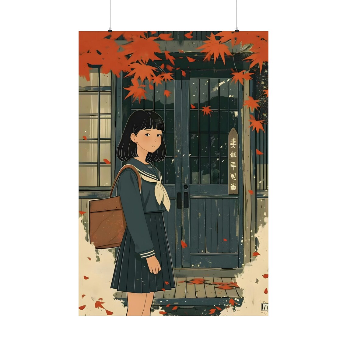 Autumn Anime Schoolgirl Red Maple Leaves Japanese Art Poster