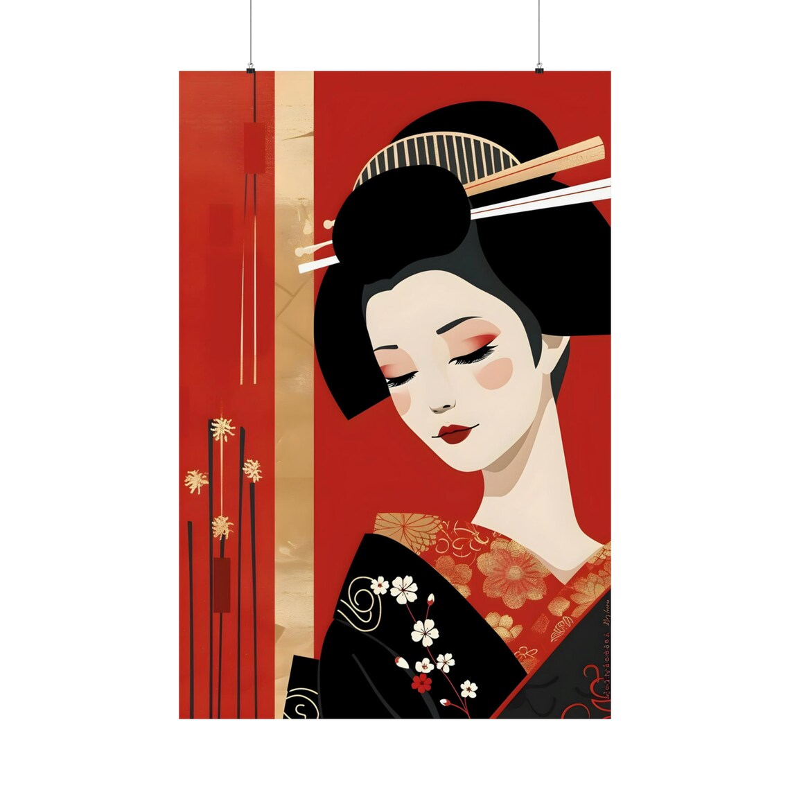 Red Geisha Elegant Japanese Woman Portrait Japandi Art Poster