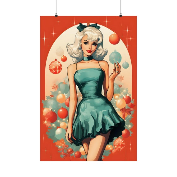 Santas Helper Girl Poster 2 Midcentury Modern Art 50s Pinup Wall Blonde Woman Short Green Dress Christmas Decoration Funny Print