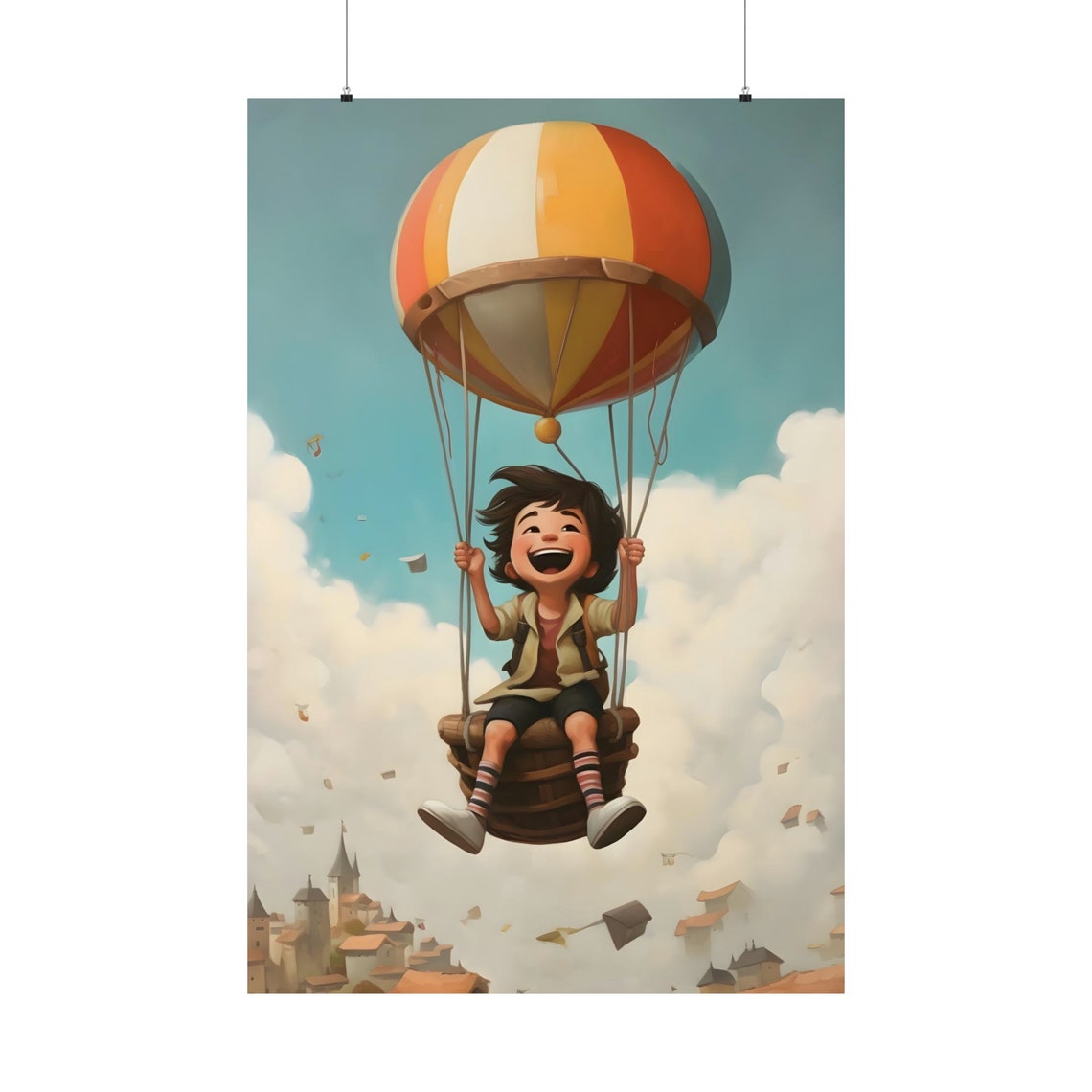 Boy Riding Hot Air Balloon Above Clouds Whimsical Kids Poster