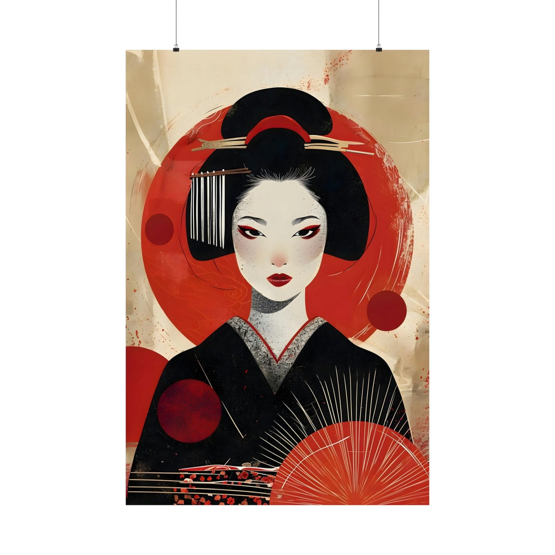 Geisha With Red Sun Circle Japanese Portrait Grunge Art Poster