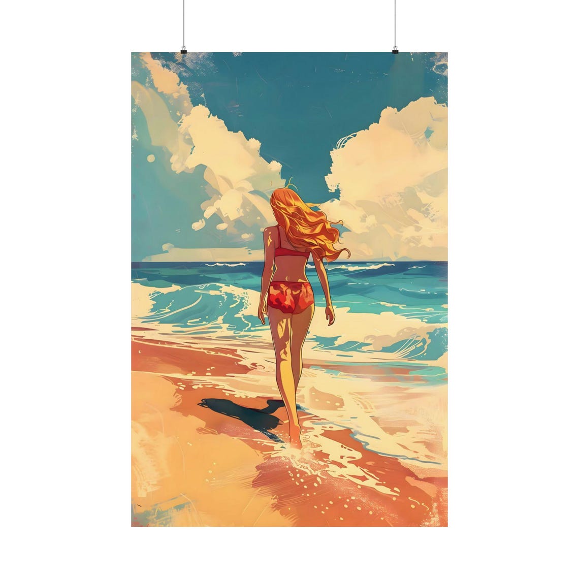 Redhead Woman Walking Into Ocean Waves Retro Summer Beach Poster