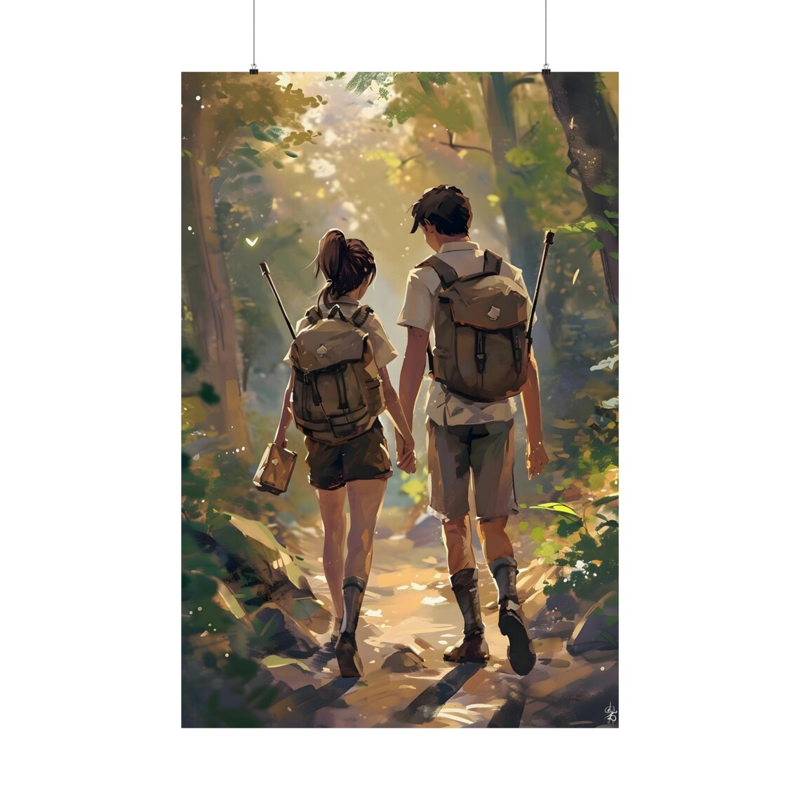 Romantic Hiking Couple in Sunlit Forest Trail Adventure Poster