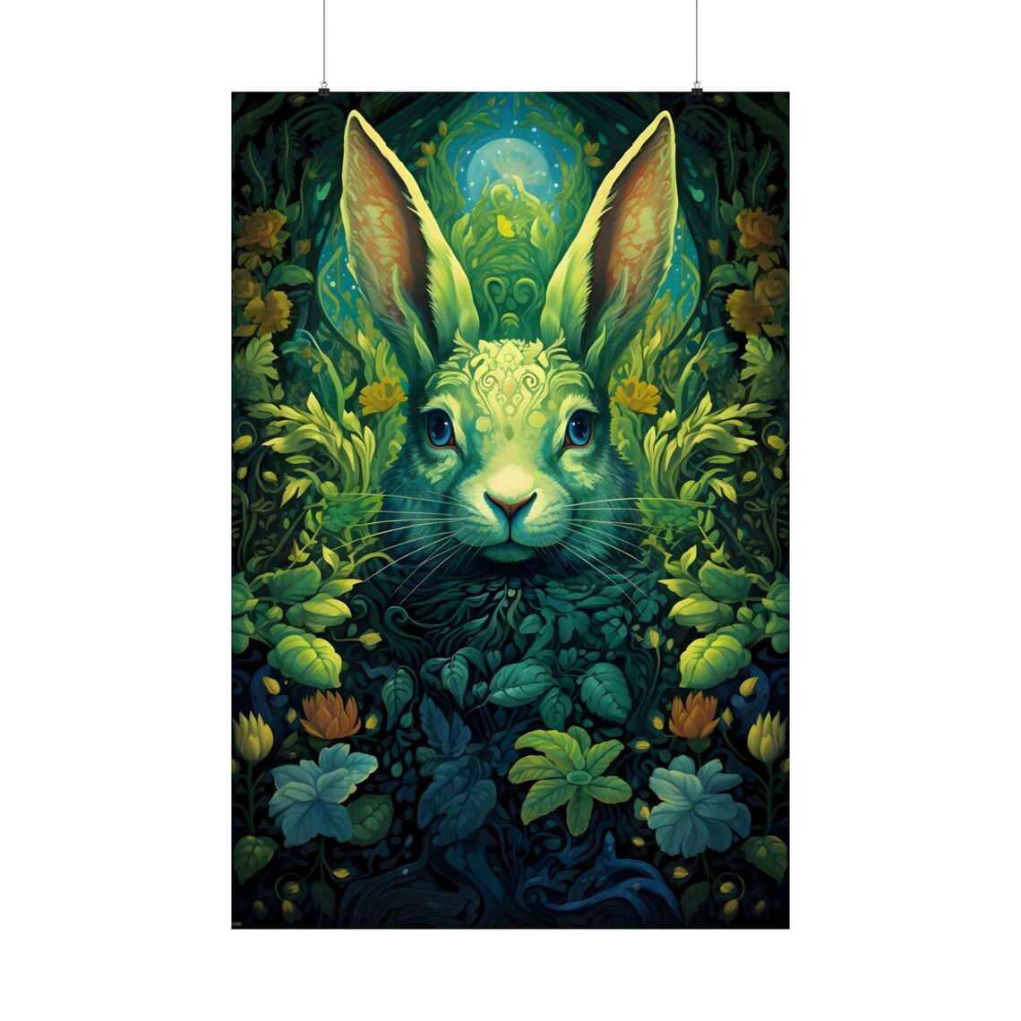 Enchanted Green Rabbit in Luminous Forest Fantasy Animal Art Poster