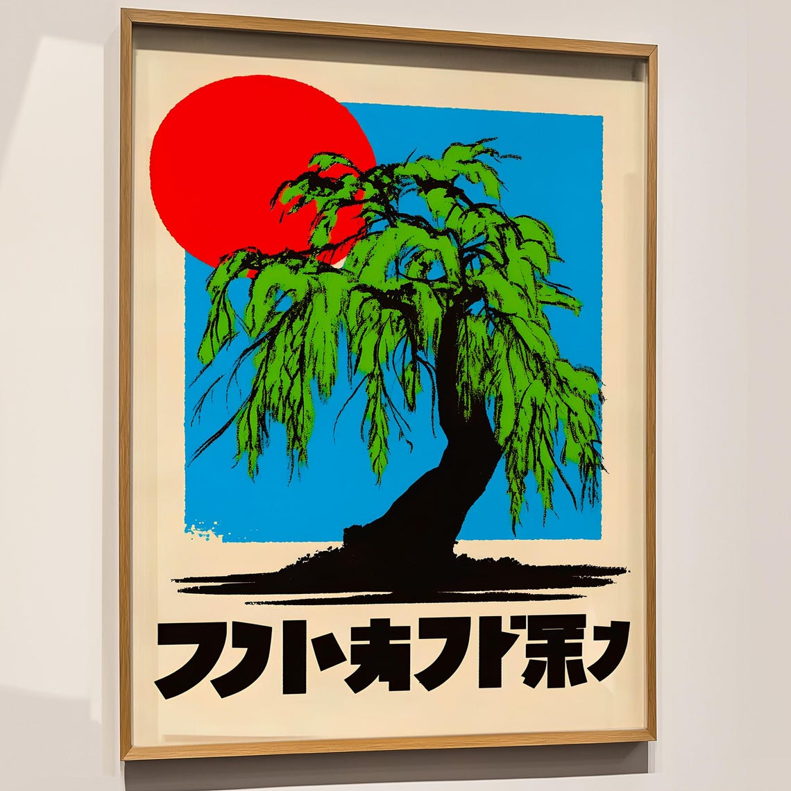Japanese Willow Tree Under Big Red Sun Retro Zen Style Art Print