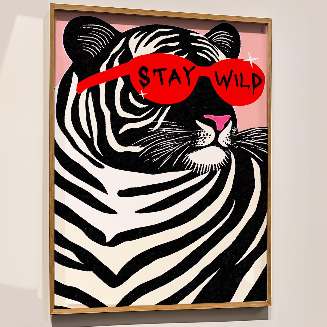 Black and White Striped Tiger with Red Stay Wild Sunglasses Poster