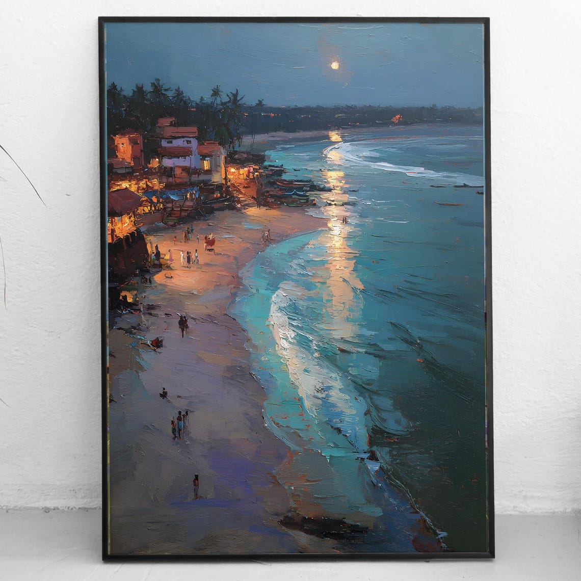Moonlit Beach Night Seascape Glowing Coastal Town Lights Poster