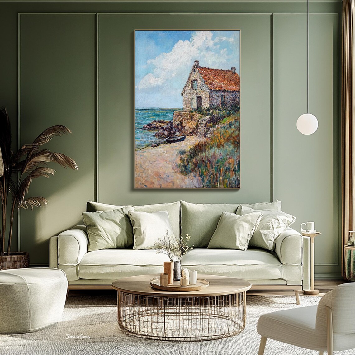 Stone Coastal Cottage With Red Roof And Boat By The Sea Wall Art - Image 2
