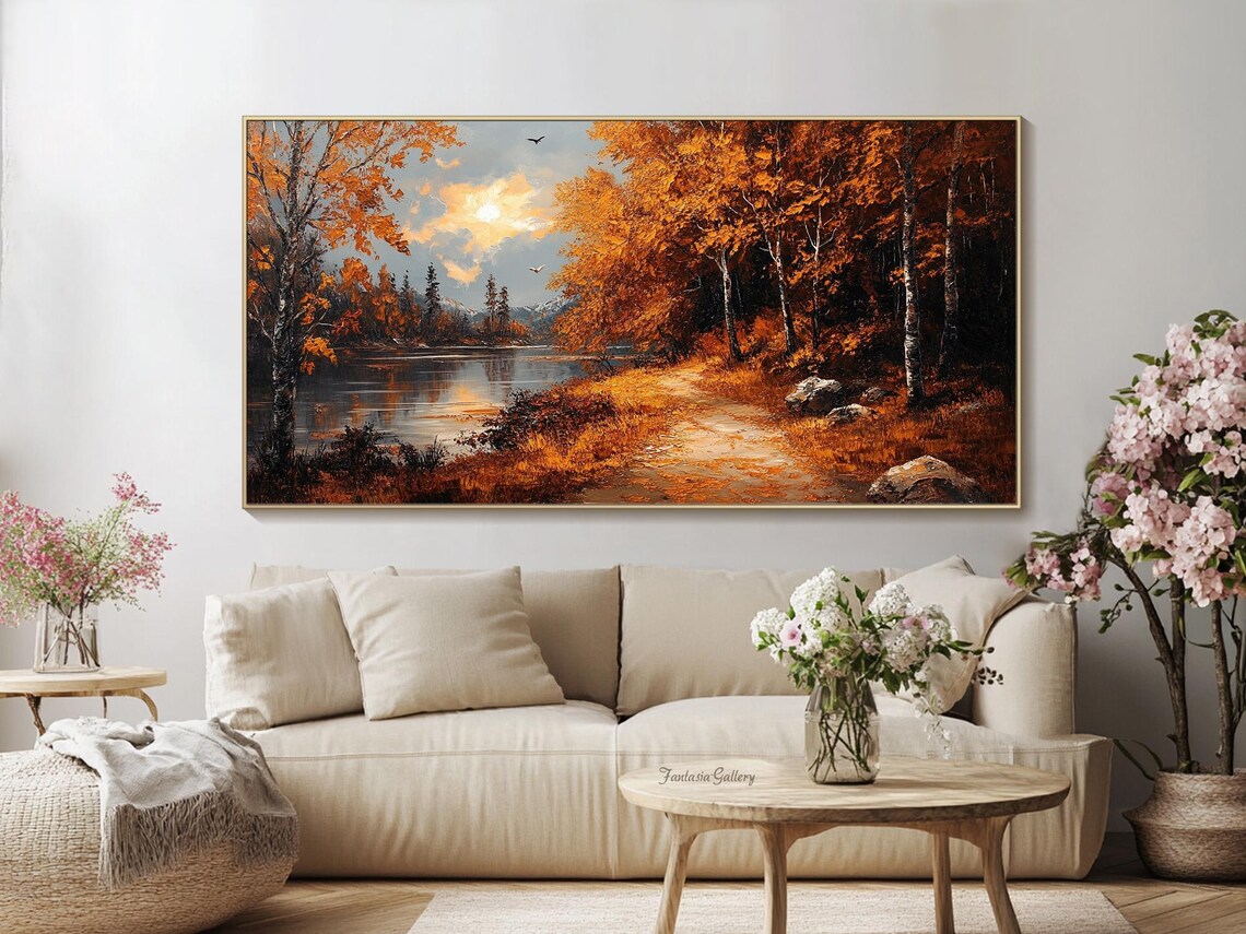 Autumn Forest Lake Sunset Golden Birch Trees Oil Painting Landscape - Image 3