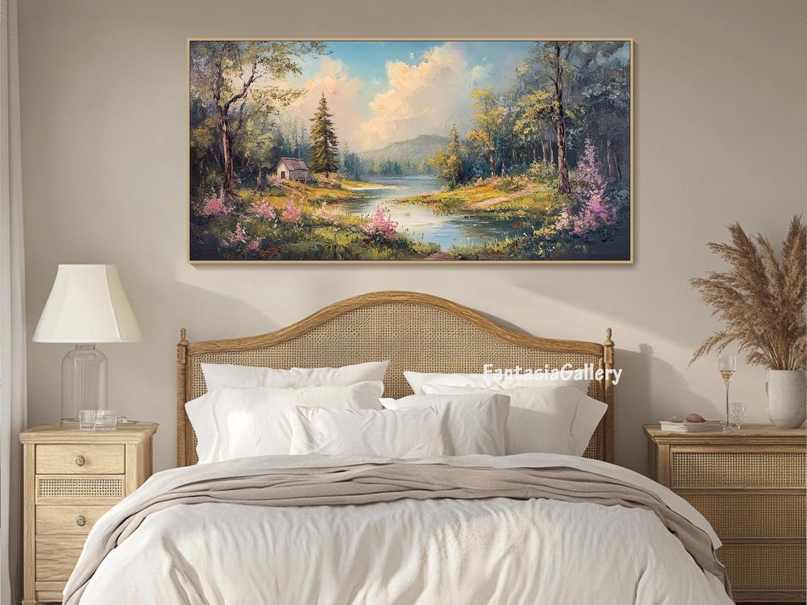 Forest Lake Cabin Spring Blossoms Impressionist Oil Painting Landscape - Image 2