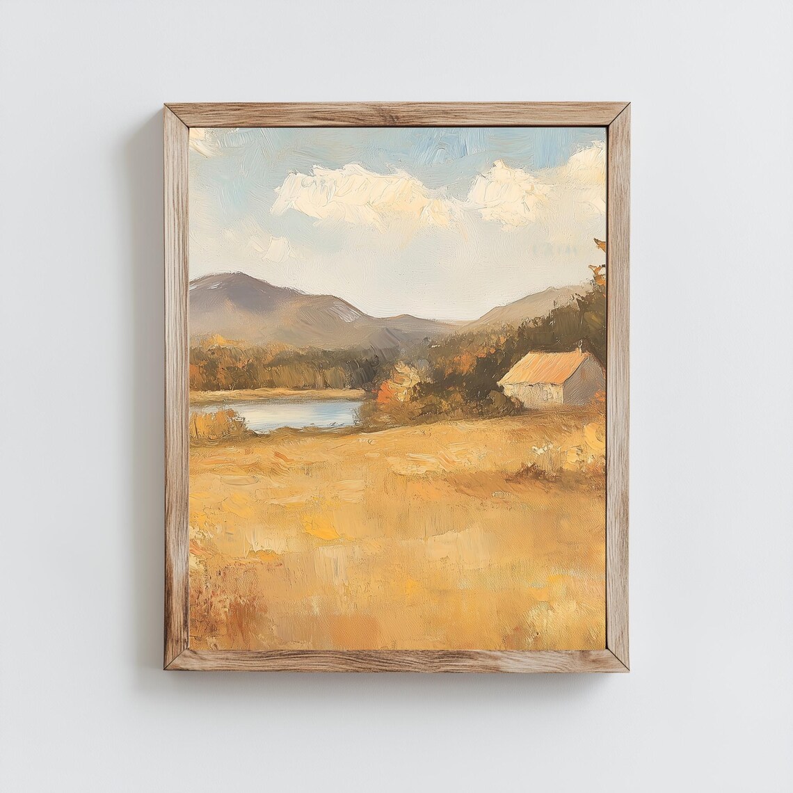 Golden Autumn Field Pond Barn Mountains Vintage Landscape Painting Poster