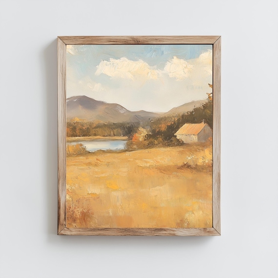 Golden Autumn Field Pond Barn Mountains Vintage Landscape Painting Poster