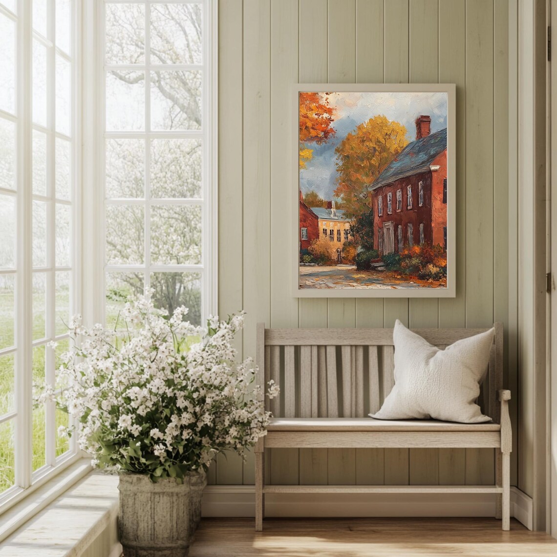 Autumn New England Brick Colonial Street Vintage Oil Painting Poster - Image 2