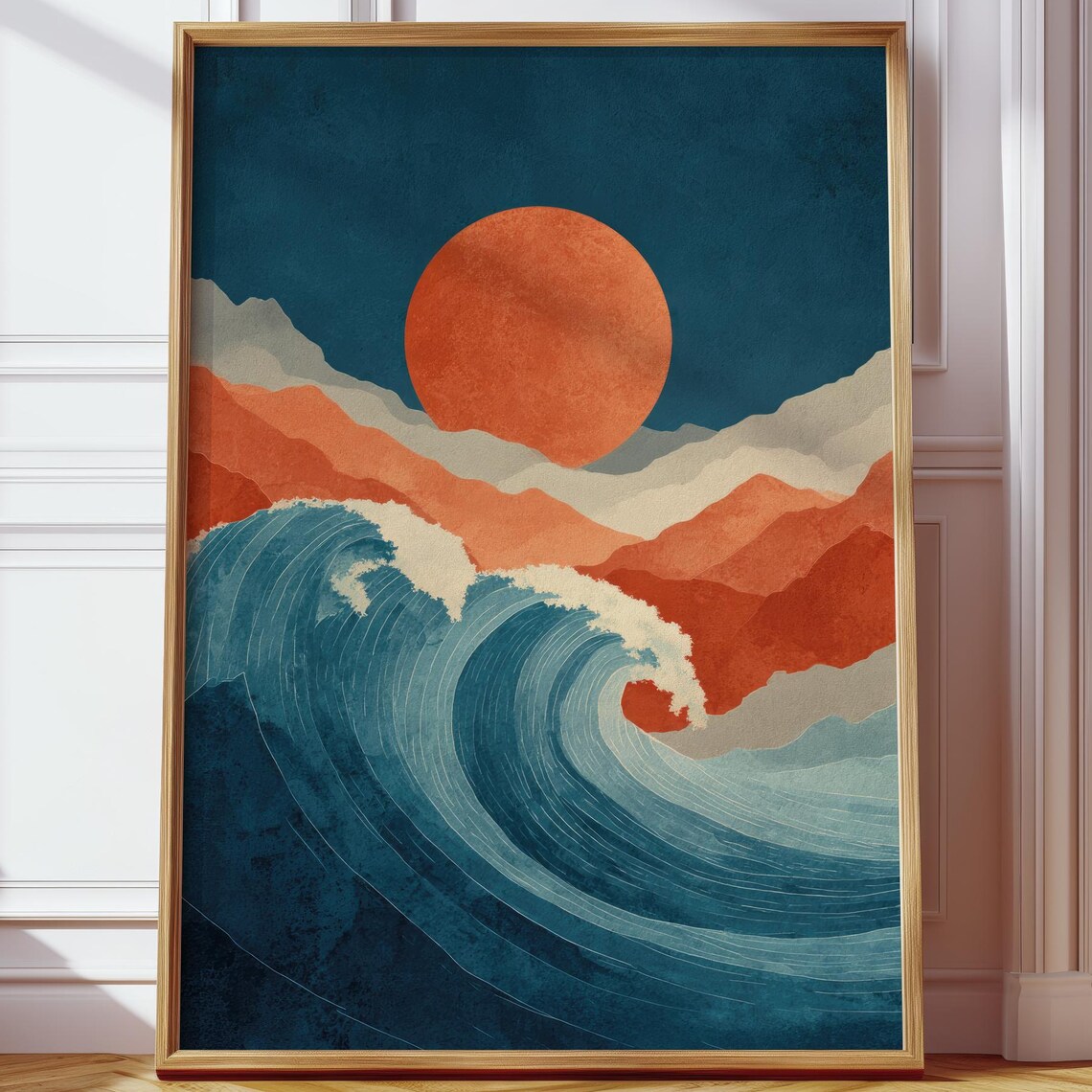 Stunning Japanese Style Retro Ocean Wave Blue Orange Sun Wall Art