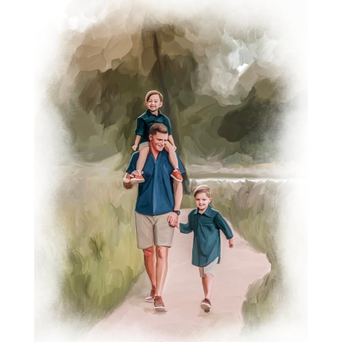 Father Walking With Two Young Sons on a Countryside Path Poster