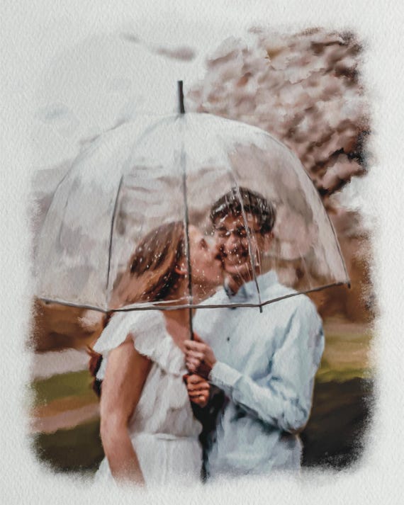 Romantic Couple Kissing Under a Clear Umbrella in the Rain Poster