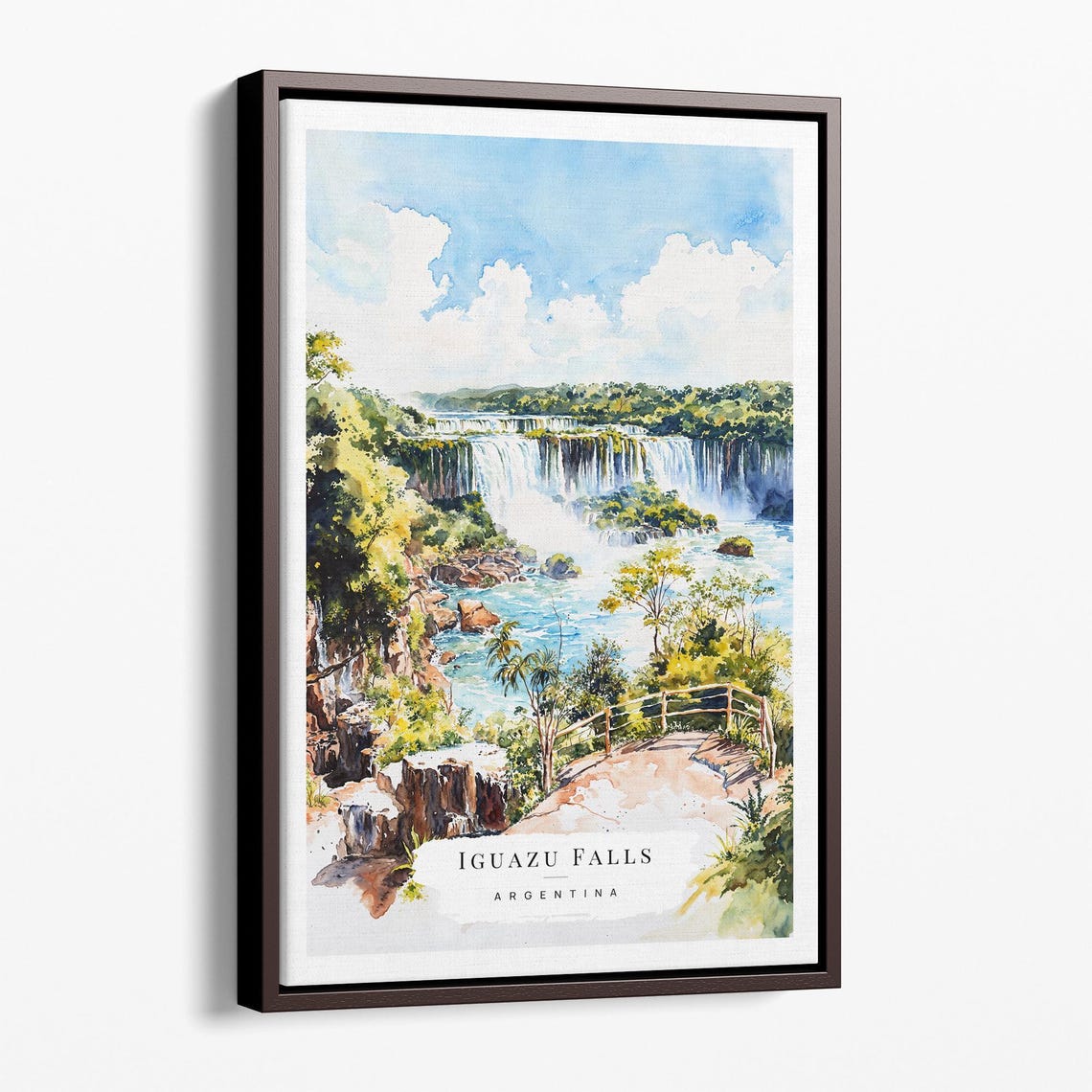 Iguazu Falls Argentina Watercolor Landscape Poster With Viewpoint