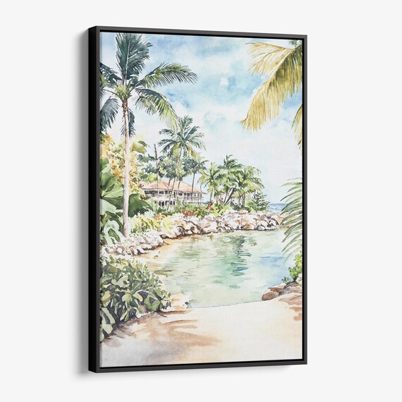Serene Jamaica Caribbean Beach Palms Lagoon Watercolor Wall Art