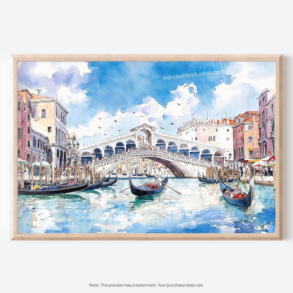 Venice Rialto Bridge Gondolas Watercolor Grand Canal Art Poster