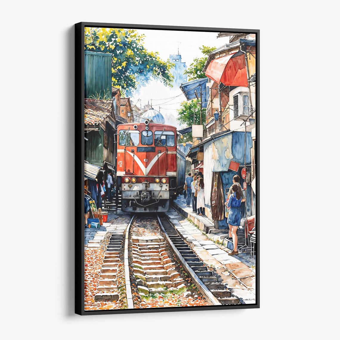 Hanoi Train Street Red Train Watercolor Vietnam Street Wall Art