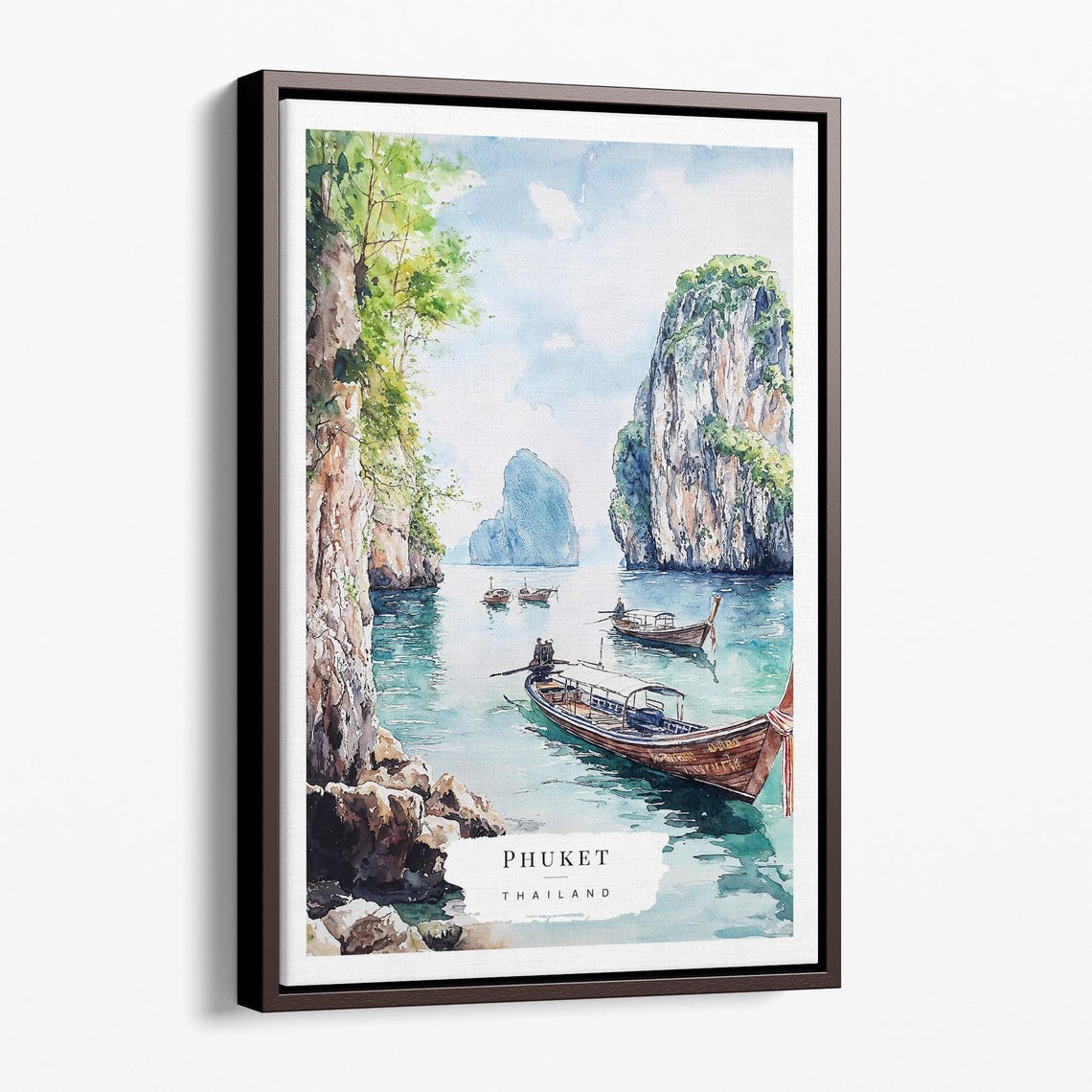 Phuket Thailand Watercolor Longtail Boats Cliffs Lagoon Poster