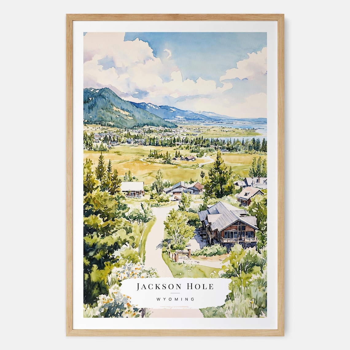 Jackson Hole Wyoming Mountain Valley Watercolor Scenic Poster